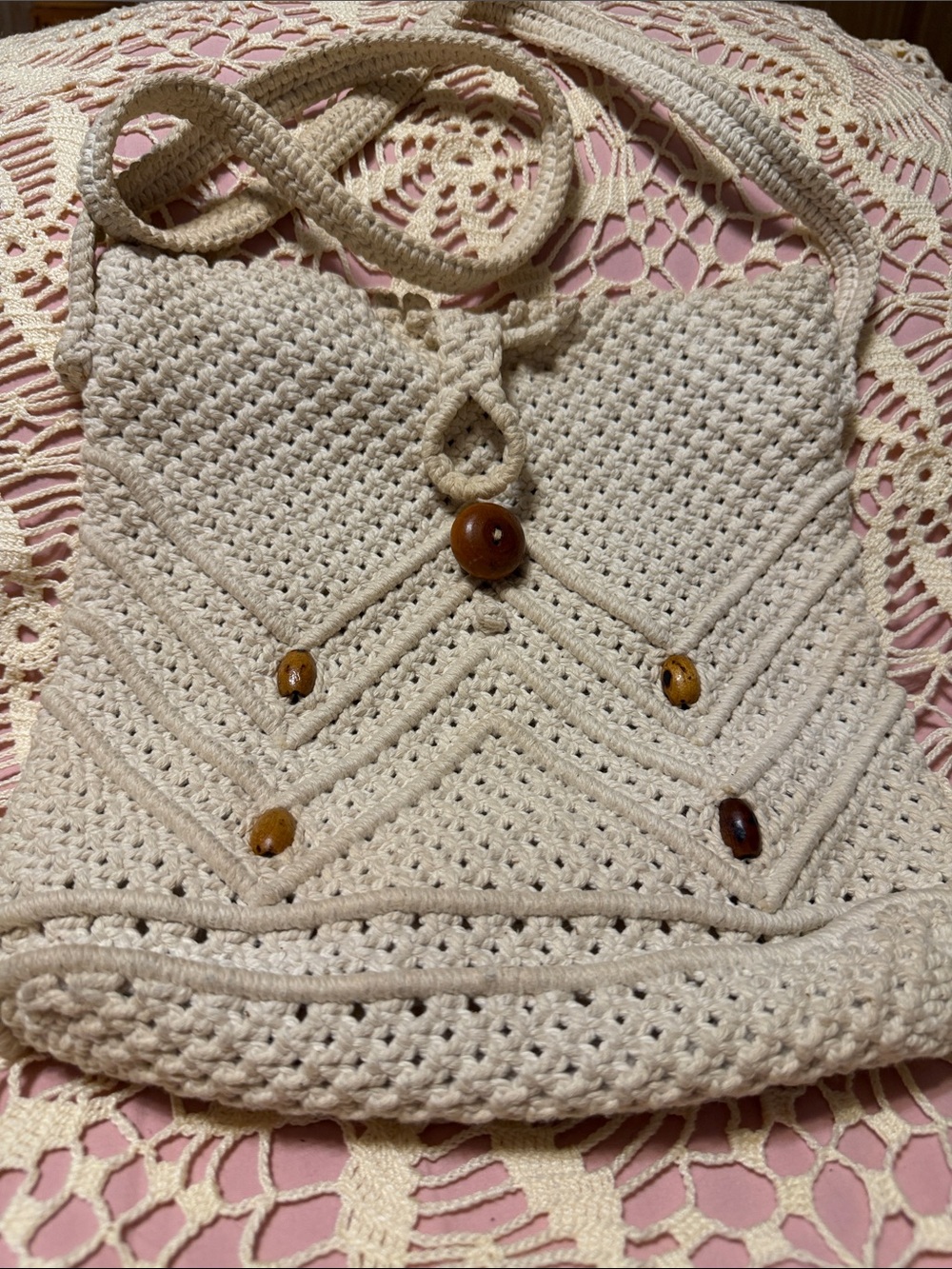 Handmade Cream Crossbody Bag with Wooden Bead Accents